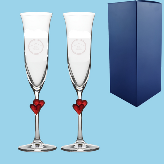 Engraved 2 LAmour Red Heart Champagne Flutes
